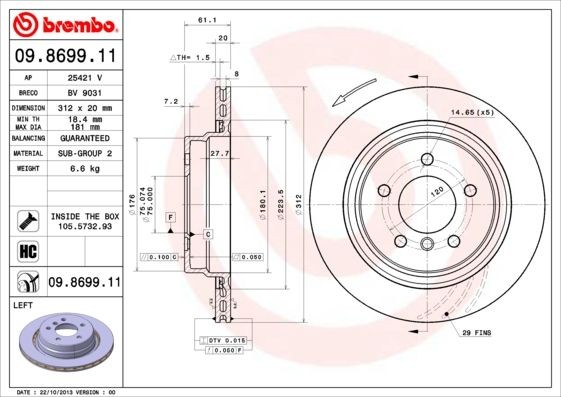 BREMBO COATED DISC LINE 09.8699.11 Brake disc 312x20mm, 5, internally vented, Coated, High-carbon