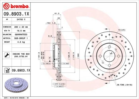 BREMBO XTRA LINE 09.8903.1X Brake disc 260x20mm, 4, perforated/vented, Coated