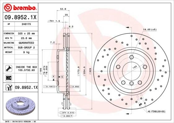 BREMBO 09.8952.1X Brake rotor 325x25mm, 5, perforated/vented, Coated, High-carbon