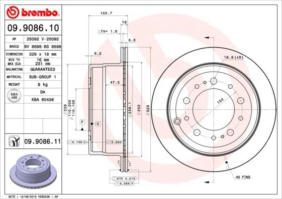 BREMBO COATED DISC LINE 329x18mm, 5, internally vented, Coated Ø: 329mm, Num. of holes: 5, Brake Disc Thickness: 18mm Brake rotor 09.9086.11 buy