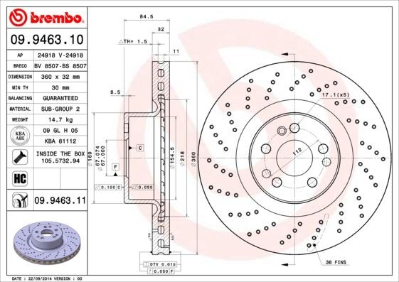 BREMBO COATED DISC LINE 09.9463.11 Brake disc 360x32mm, 5, perforated/vented, Coated, High-carbon