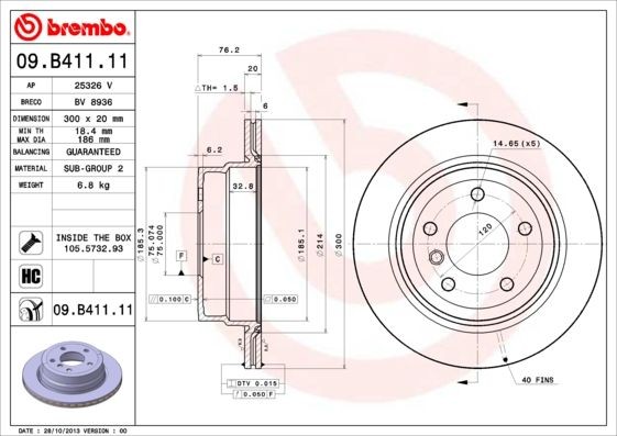 BREMBO COATED DISC LINE 09.B411.11 Brake disc 300x20mm, 5, internally vented, Coated, High-carbon
