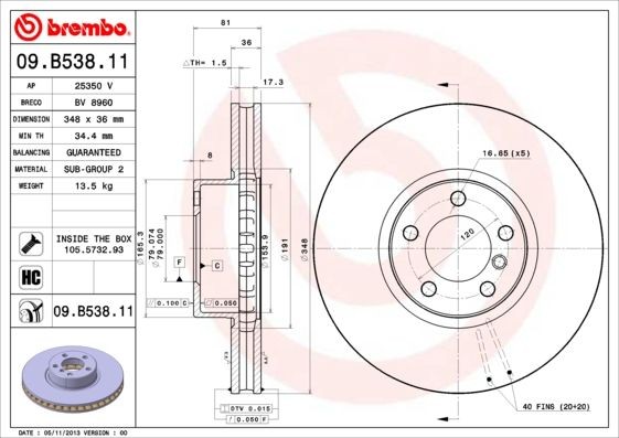 BREMBO COATED DISC LINE 09.B538.11 Brake disc 348x36mm, 5, internally vented, Coated, High-carbon