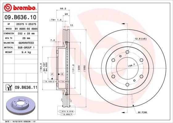 09.B636.11 BREMBO Brake rotors MITSUBISHI 332x28mm, 6, internally vented, Coated