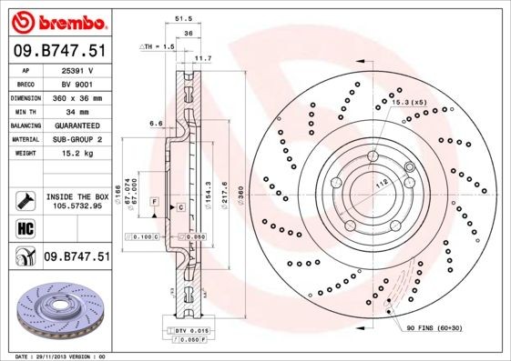 BREMBO Brake rotors 09.B747.51 suitable for MERCEDES-BENZ CLS
