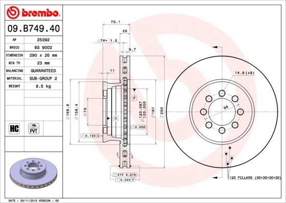 BREMBO 290x26mm, 8, internally vented, High-carbon Ø: 290mm, Num. of holes: 8, Brake Disc Thickness: 26mm Brake rotor 09.B749.40 buy