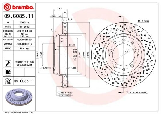 BREMBO COATED DISC LINE 09.C085.11 Brake disc 299x24mm, 5, perforated/vented, Coated, High-carbon