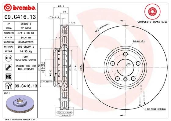 BREMBO TWO-PIECE DISCS LINE 09.C416.13 Brake disc 374x36mm, 5, internally vented, two-part brake disc, Coated, High-carbon