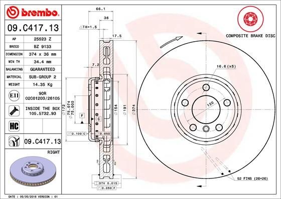 BREMBO TWO-PIECE DISCS LINE 09.C417.13 Brake disc 374x36mm, 5, two-part brake disc, internally vented, Coated, High-carbon