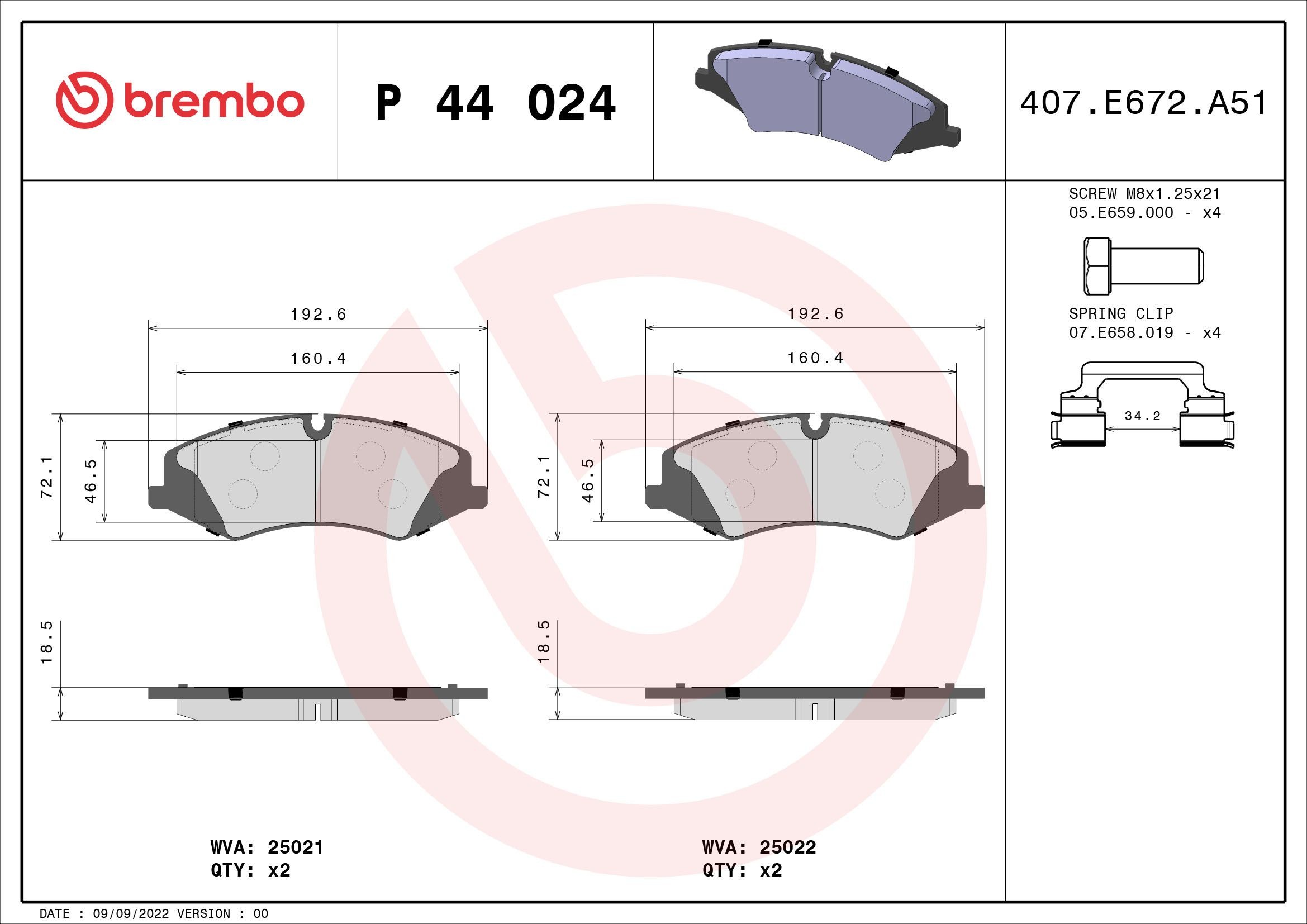 25021 BREMBO PRIME LINE - Ring, prepared for wear indicator, with brake caliper screws, with anti-squeak plate, with accessories Height: 72mm, Width: 193mm, Thickness: 19mm Brake pads P 44 024 buy