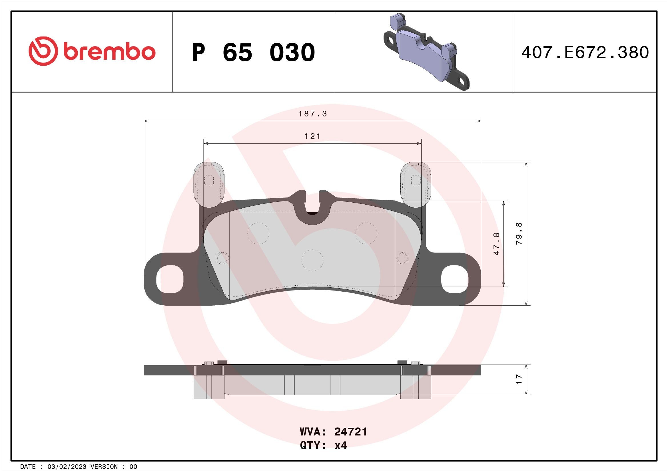 24721 BREMBO prepared for wear indicator, with counterweights, without accessories Height: 76mm, Width: 188mm, Thickness: 17mm Brake pads P 65 030 buy