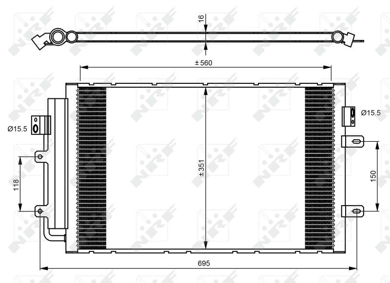 NRF Quality Grade: Easy Fit 350083 Air conditioning condenser with dryer, with seal ring, 15,5mm, 15,5mm, Aluminium, 560mm