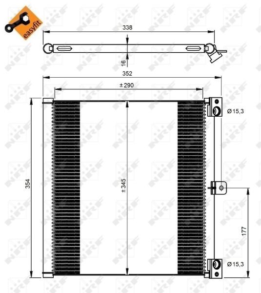 NRF Quality Grade: Easy Fit, EASY FIT 350203 Air conditioning condenser without frame, with seal ring, 15,3mm, 15,3mm, Aluminium, 345mm
