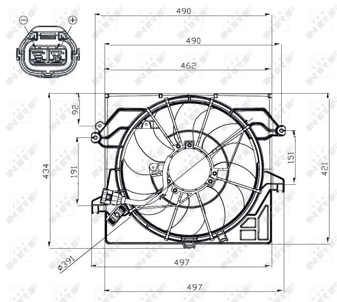 NRF 47482 Radiator cooling fan D1: 390 mm, 12V, 250W, with radiator fan shroud