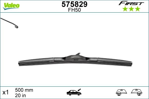 VALEO FIRST HYBRID 575829 Wiper blade 500 mm, Hybrid Wiper Blade, with spoiler, for left-hand drive vehicles, 20 Inch , Hook fixing