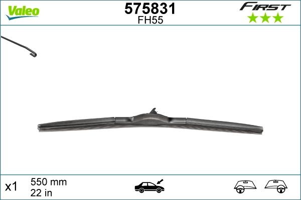 VALEO FIRST HYBRID 575831 Wiper blade 550 mm, Hybrid Wiper Blade, with spoiler, for left-hand drive vehicles, 22 Inch , Hook fixing