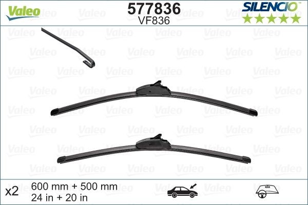 VALEO SILENCIO X.TRM 577836 Wiper blade 600, 500 mm Front, Beam, with spoiler, for left-hand drive vehicles, Hook fixing