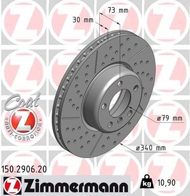 ZIMMERMANN 150.2906.20 Brake rotor 340x30mm, 6/5, 5x120, internally vented, slotted, Drilled dimples, Coated, High-carbon