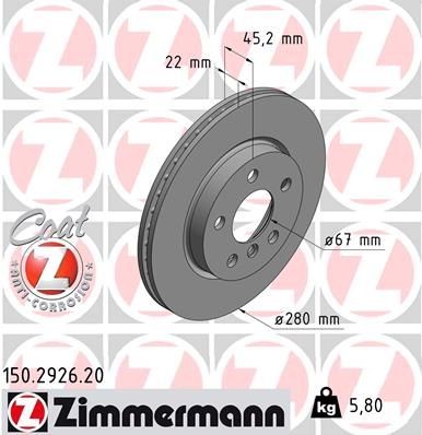 ZIMMERMANN COAT Z 150.2926.20 Brake disc 280x22mm, 6/5, 5x112, internally vented, Coated, High-carbon