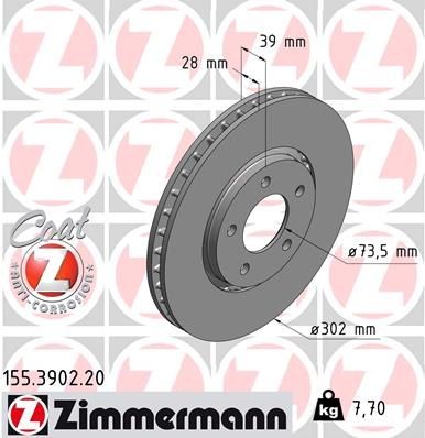 ZIMMERMANN COAT Z 155.3902.20 Brake disc 302x28mm, 5/5, 5x114, Externally Vented, coated, High-carbon