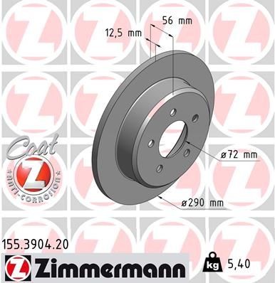 155.3904.20 ZIMMERMANN Brake rotors CHRYSLER 290x12mm, 5/5, 5x114, solid, Coated