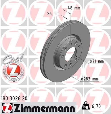 ZIMMERMANN COAT Z 180.3026.20 Brake disc 283x26mm, 8/5, 5x108, internally vented, Coated