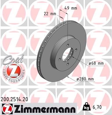 ZIMMERMANN COAT Z 280x22mm, 4/4, 4x114, internally vented, Coated Ø: 280mm, Rim: 4-Hole, Brake Disc Thickness: 22mm Brake rotor 200.2514.20 buy