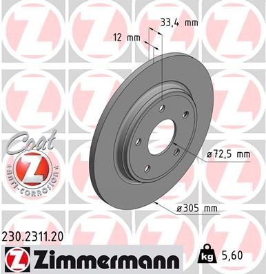230.2311.20 ZIMMERMANN Brake rotors CHRYSLER 305x12mm, 5/5, 5x127, solid, Coated
