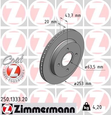 ZIMMERMANN COAT Z 250.1333.20 Brake disc 253x20mm, 4/4, 4x108, internally vented, Coated