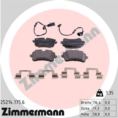 25214 ZIMMERMANN incl. wear warning contact, with bolts/screws, Photo corresponds to scope of supply, with spring Height 1: 60mm, Height 2: 59mm, Width: 116mm, Thickness: 18mm Brake pads 25214.175.6 buy