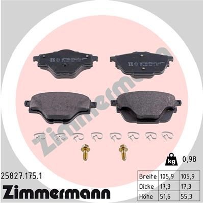 25827 ZIMMERMANN with bolts/screws, Photo corresponds to scope of supply, with spring Height 1: 52mm, Height 2: 55mm, Width: 106mm, Thickness: 17mm Brake pads 25827.175.1 buy