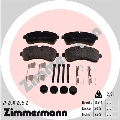 29200 ZIMMERMANN prepared for wear indicator, with bolts/screws, Photo corresponds to scope of supply, with spring Height: 73mm, Width: 169mm, Thickness: 20mm Brake pads 29200.205.2 buy