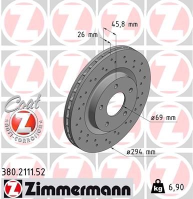 380.2111.52 ZIMMERMANN Brake rotors DODGE 294x26mm, 5/5, 5x114, internally vented, Perforated, Coated