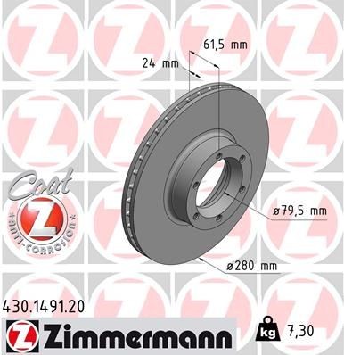 ZIMMERMANN COAT Z 280x24mm, 6/6, 6x110, internally vented, Coated, High-carbon Ø: 280mm, Rim: 6-Hole, Brake Disc Thickness: 24mm Brake rotor 430.1491.20 buy