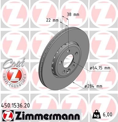 ZIMMERMANN COAT Z 284x22mm, 6/5, 5x100, Externally Vented, Coated, High-carbon Ø: 284mm, Rim: 5-Hole, Brake Disc Thickness: 22mm Brake rotor 450.1536.20 buy