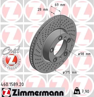ZIMMERMANN COAT Z 460.1589.20 Brake disc 315x28mm, 7/5, 5x130, internally vented, Drilled dimples, Coated