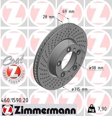 ZIMMERMANN COAT Z 460.1590.20 Brake disc 315x28mm, 7/5, 5x130, internally vented, Drilled dimples, Coated