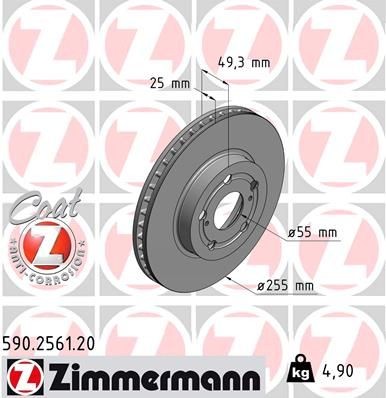 ZIMMERMANN COAT Z 255x25mm, 7/5, 5x100, internally vented, Coated, High-carbon Ø: 255mm, Rim: 5-Hole, Brake Disc Thickness: 25mm Brake rotor 590.2561.20 buy