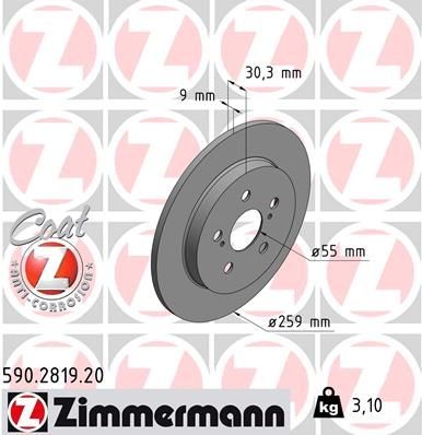 590.2819.20 ZIMMERMANN Brake rotors TOYOTA 259x9mm, 7/5, 5x100, solid, Coated