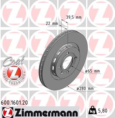 ZIMMERMANN COAT Z 600.1601.20 Brake disc 280x22mm, 5/4, 4x100, Externally Vented, Coated