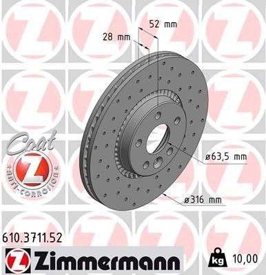 610.3711.52 ZIMMERMANN Brake rotors LAND ROVER 316x28mm, 6/5, 5x108, Externally Vented, Perforated, Coated