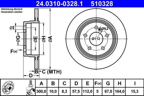 Disco freno 24.0310-0328.1 ATE 300,0x10,0mm, 5x112,0, pieno, rivestito, con bulloni/viti