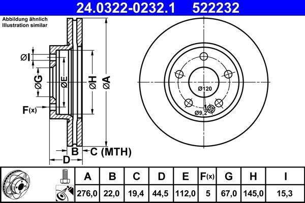 Disco freno 24.0322-0232.1 ATE 276,0x22,0mm, 5x112,0, ventilato, rivestito, legato /ad alto tenore di carbonio, con bulloni/viti
