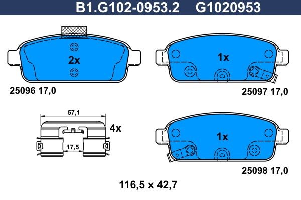 G1020953 GALFER with acoustic wear warning, with accessories Height: 42,7mm, Width: 116,5mm, Thickness: 17,0mm Brake pads B1.G102-0953.2 buy