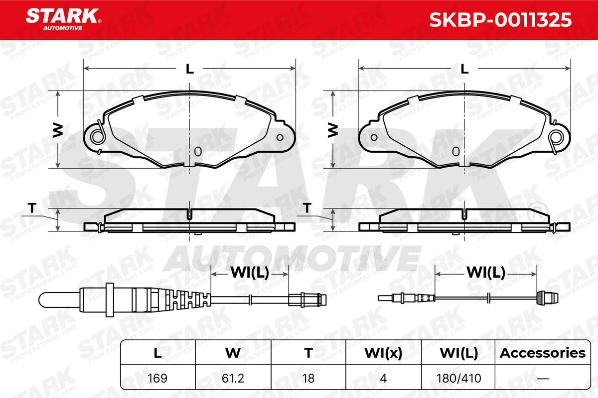 SKBP-0011325 Set of brake pads SKBP-0011325 STARK Front Axle, incl. wear warning contact, with adhesive film, with bolts/screws, with accessories, with spring