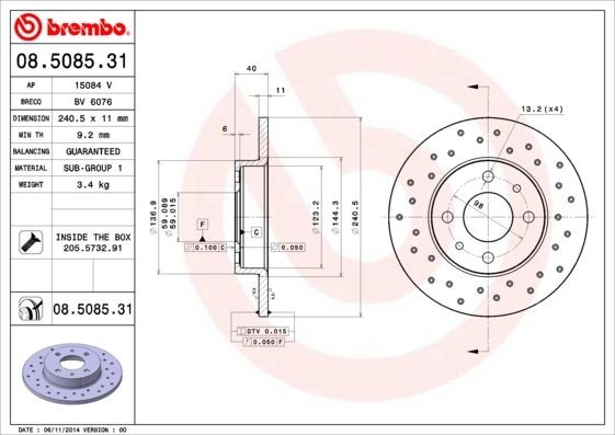 08.5085.31 Brake discs 08.5085.31 BREMBO 240x11mm, 4, solid, Perforated, Coated