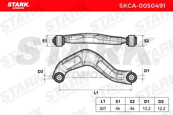 SKCA-0050491 Suspension wishbone arm SKCA-0050491 STARK with rubber mount, Rear Axle Left, Control Arm, Sheet Steel, Black-painted