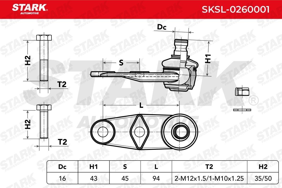 SKSL-0260001 Suspension ball joint SKSL-0260001 STARK Front Axle, Lower, both sides, with fastening material, 16mm