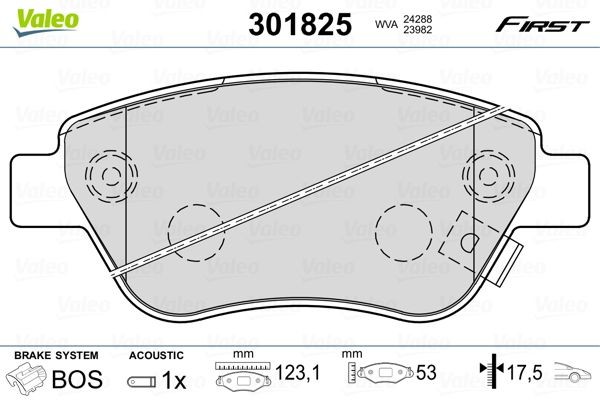 301825 Set of brake pads 301825 VALEO FIRST, Front Axle, incl. wear warning contact, with anti-squeak plate
