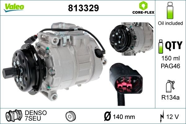 VALEO 813329 Air conditioning compressor 7SEU, 12V, PAG 46, R 134a, with PAG compressor oil, NEW ORIGINAL PART